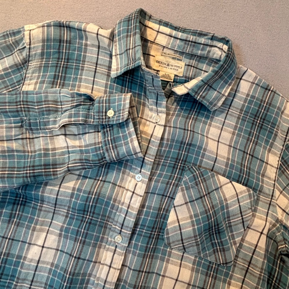 Denim & Supply Ralph Lauren RL Boyfriend Blue Plaid Flannel Shirt XL Cotton